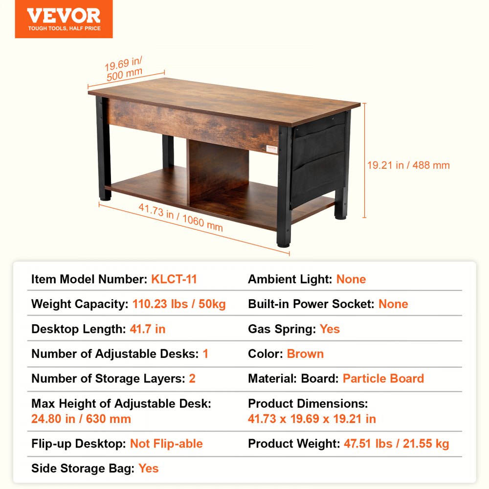 VEVOR Tavolino Sollevabile, Tavolino Rettangolare da106 cm con Tasche Portaoggetti Extra, Tavolino Pop-Up per Soggiorno Tavolino da Pranzo Regolabile Altezza, Tavolino da caffè per Bar Casa, Marrone