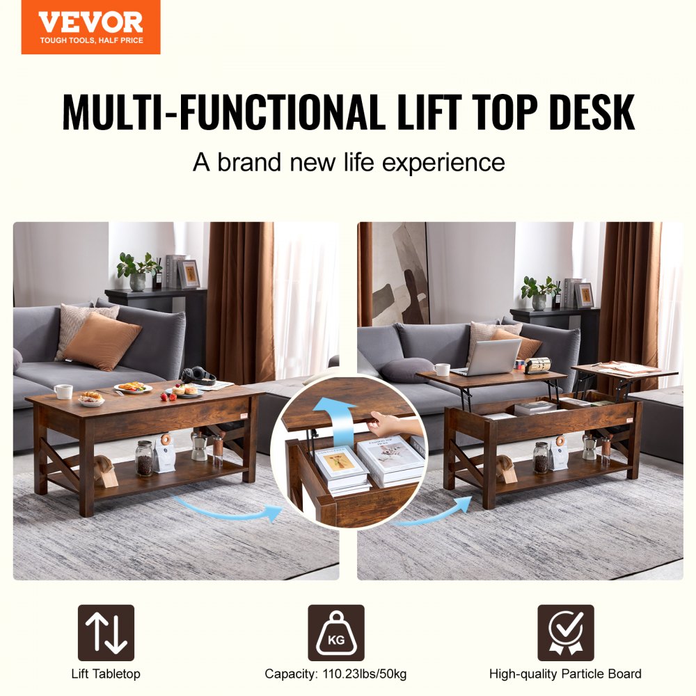 VEVOR Coffee Table with Lift-Up Top, Rectangular 47.5-Inch Coffee Table with Additional Storage Pockets, Foldable Coffee Table for Living Room, Brown