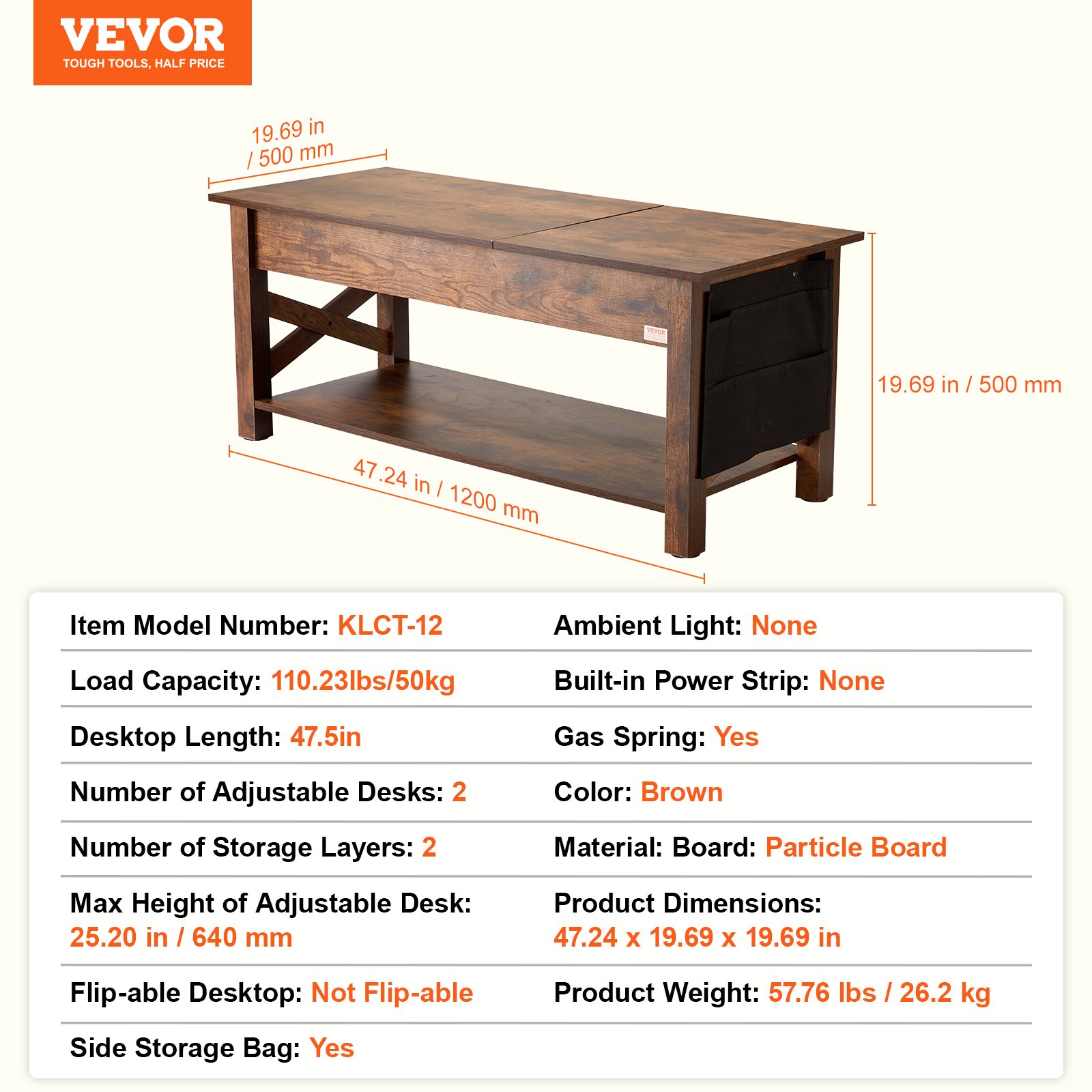 VEVOR Tavolino Sollevabile, Tavolino Rettangolare da 1206 mm con Tasche Portaoggetti Extra, Tavolino Pop-Up per Soggiorno Tavolino da Pranzo Regolabile Altezza, Tavolino caffè per Bar Casa, Marrone