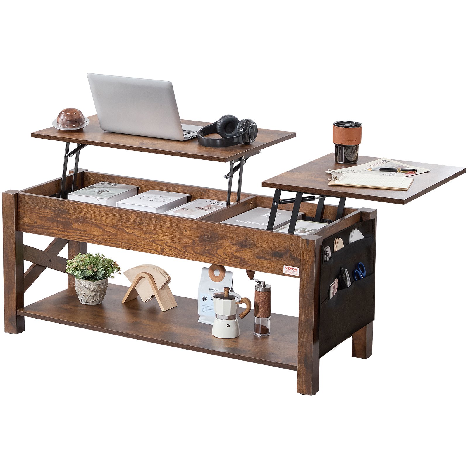 VEVOR Tavolino Sollevabile, Tavolino Rettangolare da 1206 mm con Tasche Portaoggetti Extra, Tavolino Pop-Up per Soggiorno Tavolino da Pranzo Regolabile Altezza, Tavolino caffè per Bar Casa, Marrone