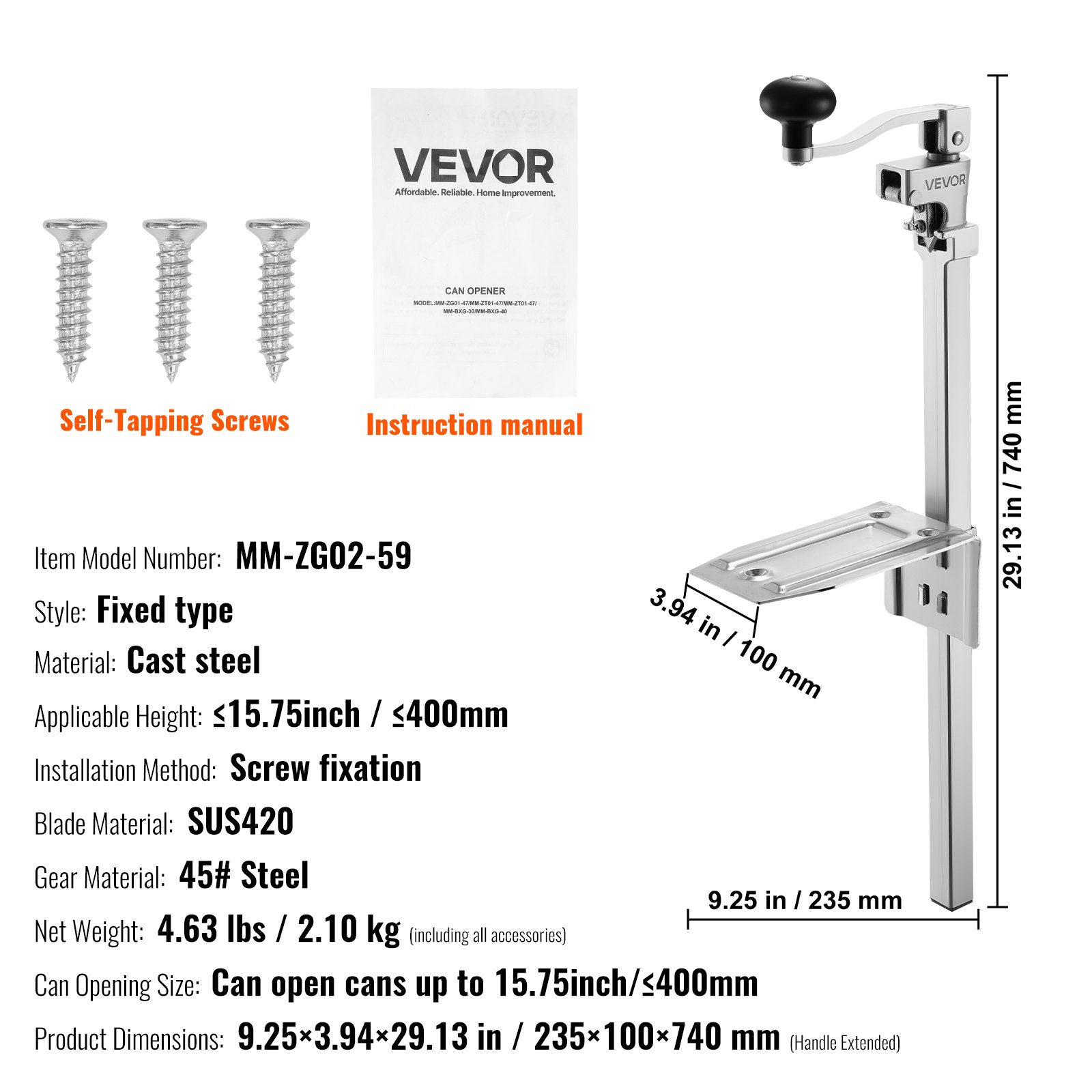 VEVOR Commercial Can Opener, Heavy-Duty Manual Tabletop Cans Opener for Cans Up to 400 mm Height, Height-Adjustable Professional Can Openers Fixed with Screws, for Restaurant, Hotel, and Food Store