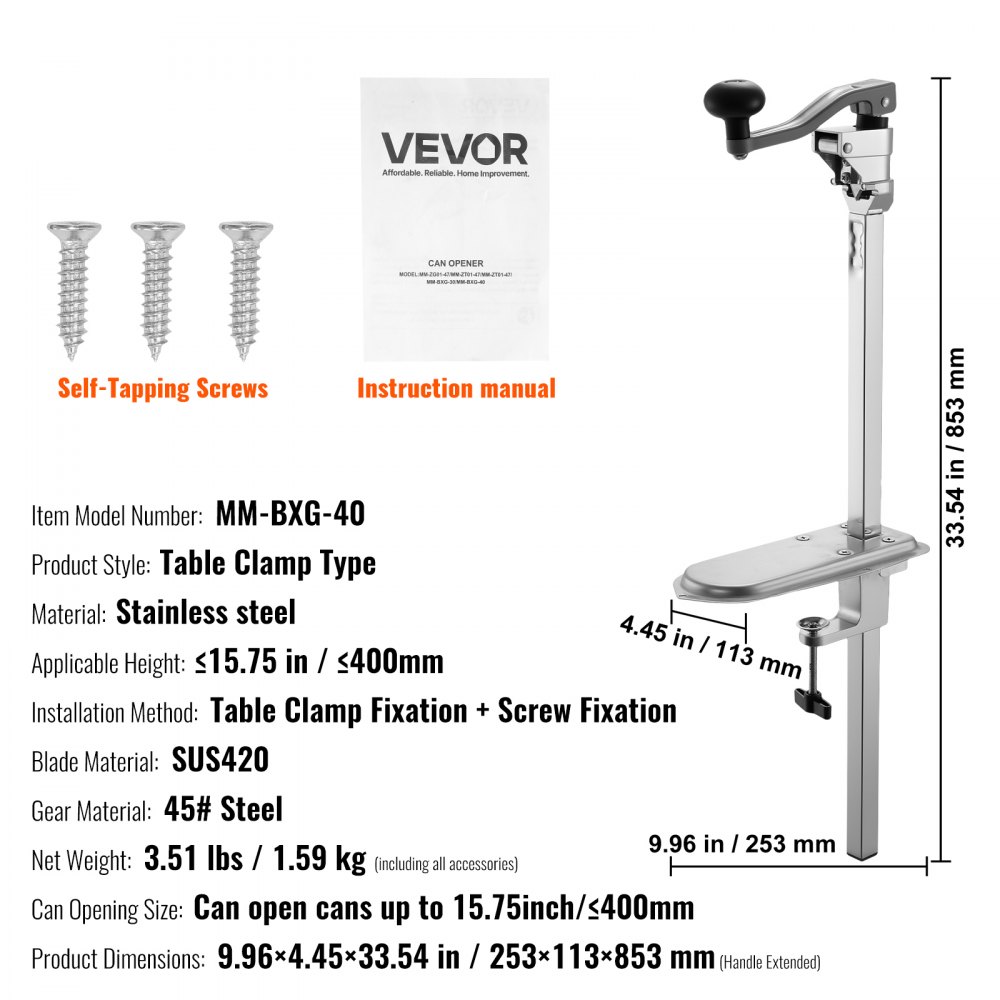 VEVOR Commercial Can Opener, Heavy-Duty Manual Tabletop Cans Opener for Cans Up to 400 mm Height, Height-Adjustable Can Openers Fixed with Screws & Table Clamp, for Restaurant, Hotel, and Food Store