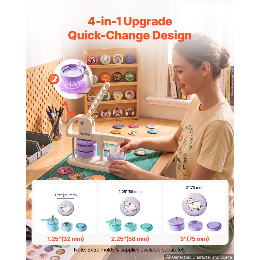VEVOR Macchina per la Produzione di Spille in Plastica Misure 32/58/75 mm, con Sistema Versatile a Cambio Rapido, 300 Componenti, Taglierina Circolare e Libretto di Istruzioni,  per Lavori Fai Da Te