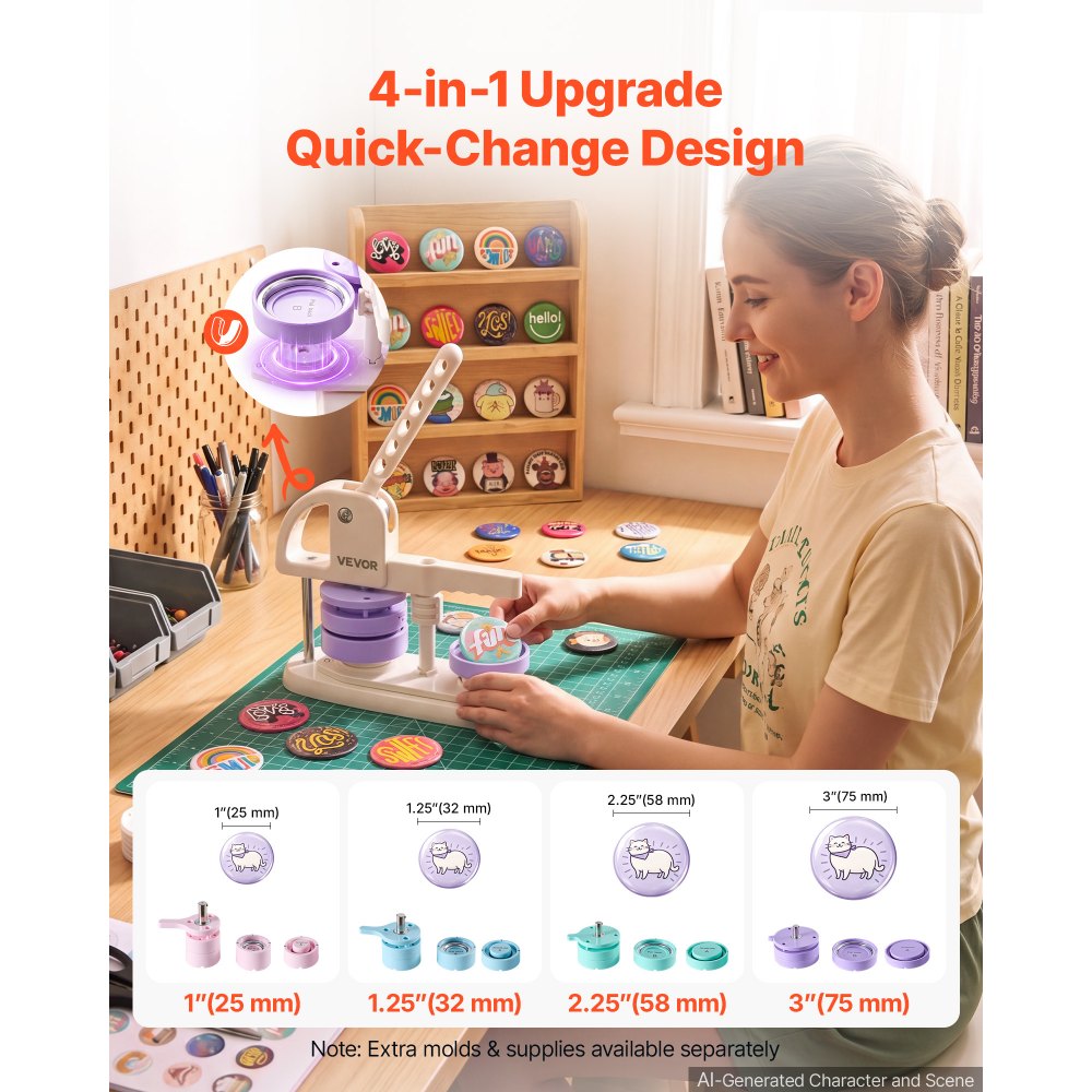 VEVOR Macchina per la Creazione di Bottoni Dimensioni 75 mm 100 Componenti, con Sistema di Cambio Rapido Versatile per Spille in Plastica, Taglierina Circolare e Libretto di Istruzioni, per Fai Da Te