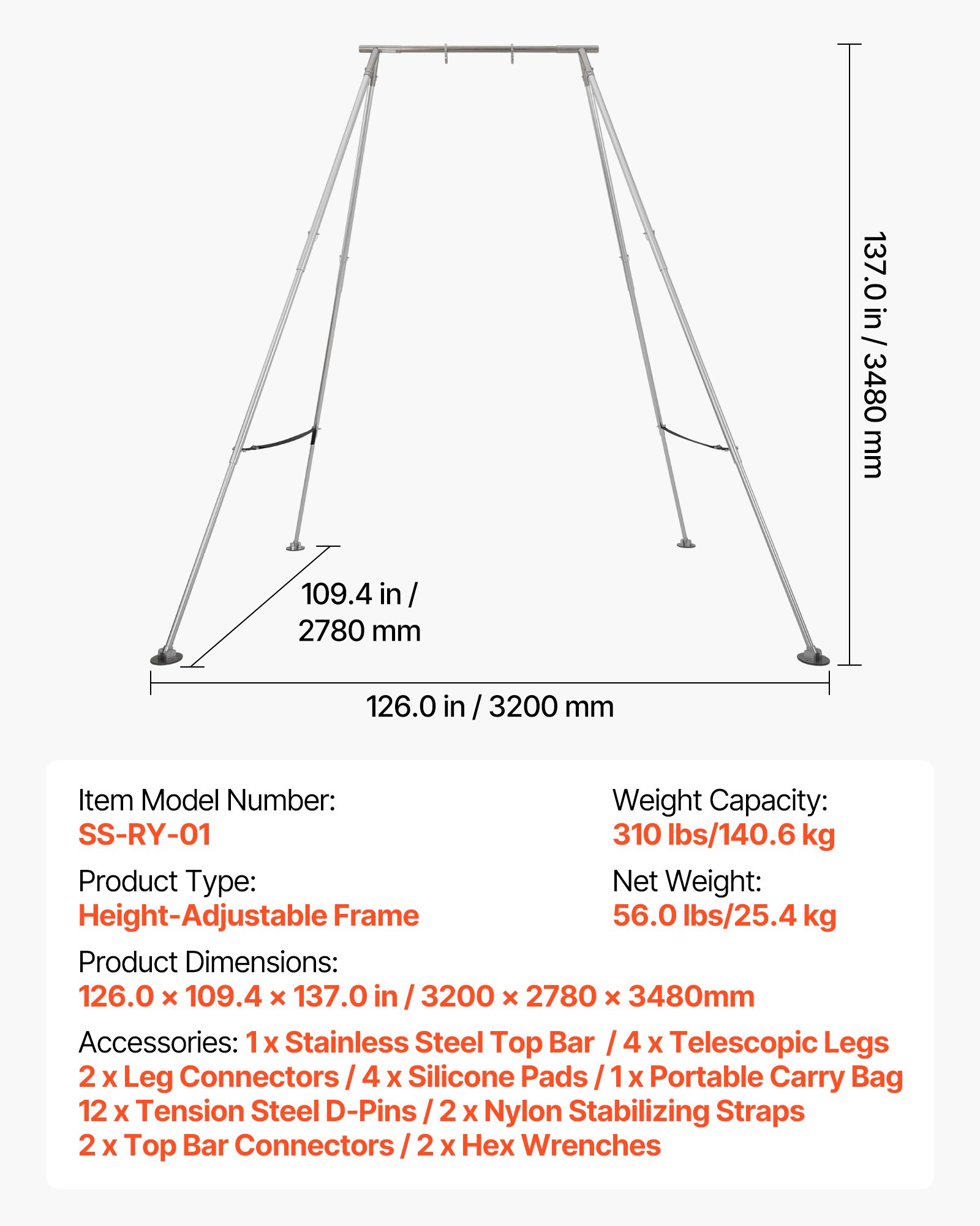 VEVOR Supporto per Yoga Aereo con Struttura Oscillante Capacità di Carico max. 140,6 kg, Struttura per Trazioni Supporto Triangolare, per Tessuti Aerei con Gambe Regolabili in Altezza, Yoga Aereo