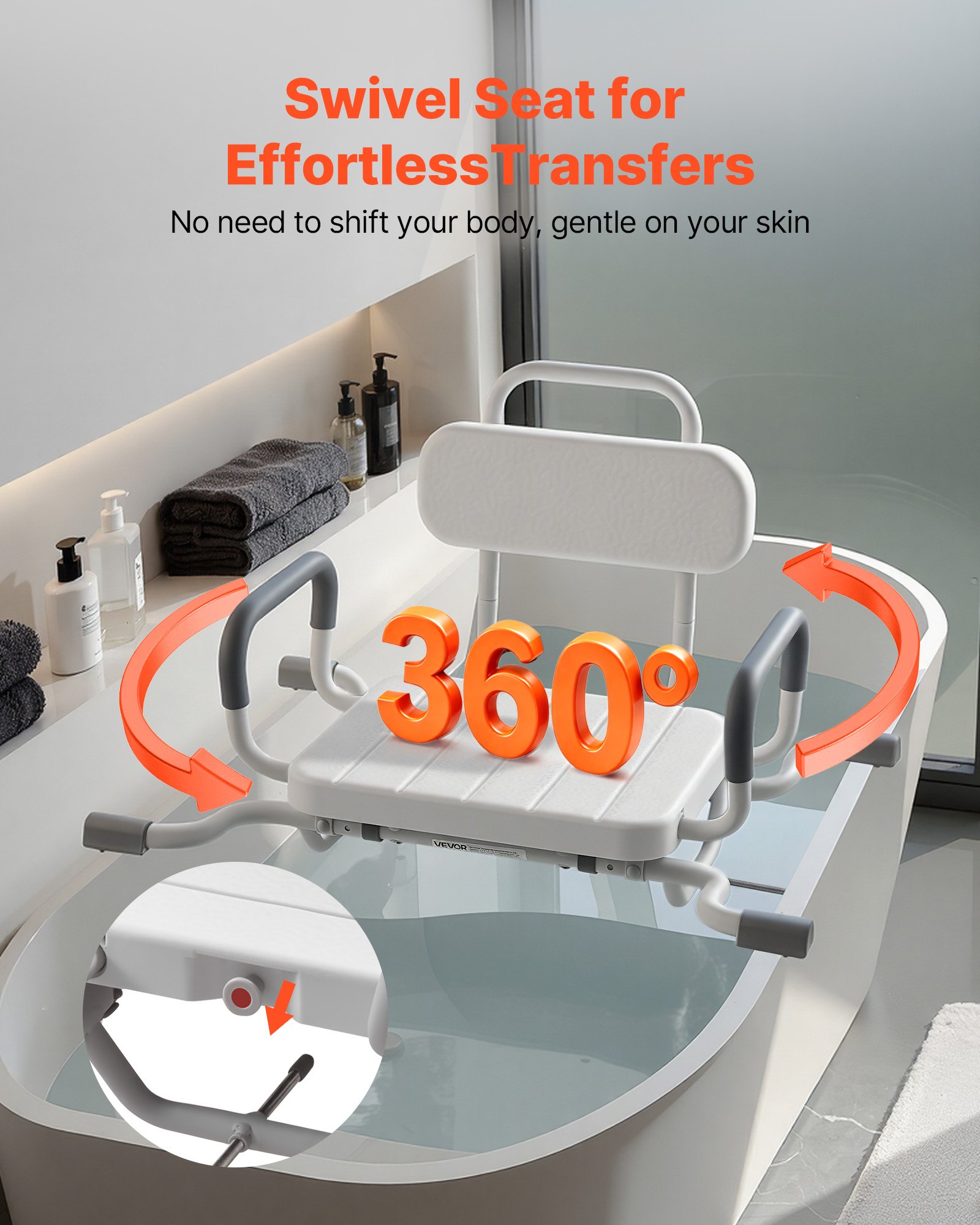 VEVOR Sedia Girevole da Doccia con Braccioli Schienale, Sedile per Trasferimento da Vasca da Bagno Girevole Carico max 100 kg, Sedia per Bagno Doccia Regolabile per Anziani Pazienti, Sedile Ausiliare