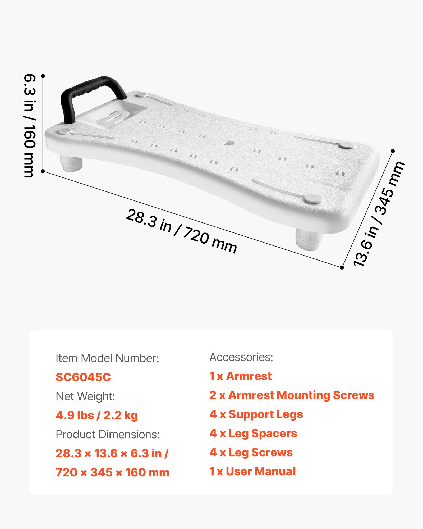 VEVOR Tub Transfer Bench with Handle, 150 kg Shower Bath Seat, Portable Bathtub Bench for 41 cm-62 cm Wide Tubs, Bath Board with Adjustable Non-Slip Feet for Adults, Seniors, Elderly and Disabled