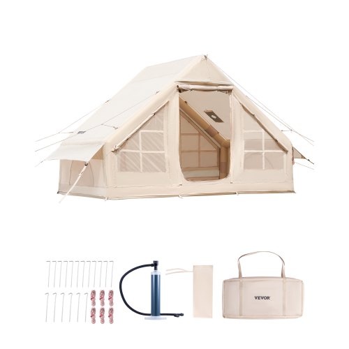 VEVOR Tende Gonfiabili per Campeggio, Tenda Gonfiabile per 3-5 Persone con Pompa a Mano, Tenda da Glamping 300D Oxford 4 Stagioni con Jack per Stufa, 2 Porte e 2 Finestre a Rete, Borsa Portaoggetti