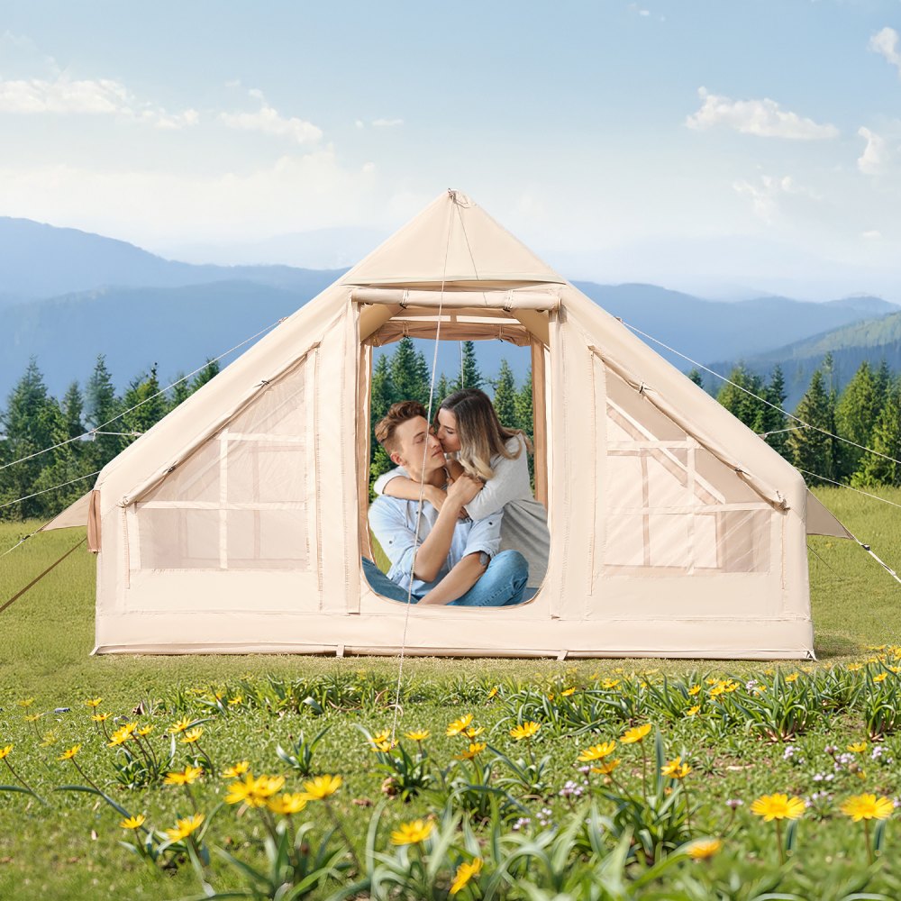 VEVOR Tende Gonfiabili per Campeggio, Tenda Gonfiabile per 3-5 Persone con Pompa a Mano, Tenda da Glamping 300D Oxford 4 Stagioni con Jack per Stufa, 2 Porte e 2 Finestre a Rete, Borsa Portaoggetti