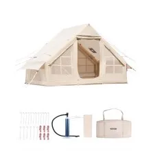 VEVOR Tende Gonfiabili per Campeggio, Tenda Gonfiabile per 3-5 Persone con Pompa a Mano, Tenda da Glamping 300D Oxford 4 Stagioni con Jack per Stufa, 2 Porte e 2 Finestre a Rete, Borsa Portaoggetti