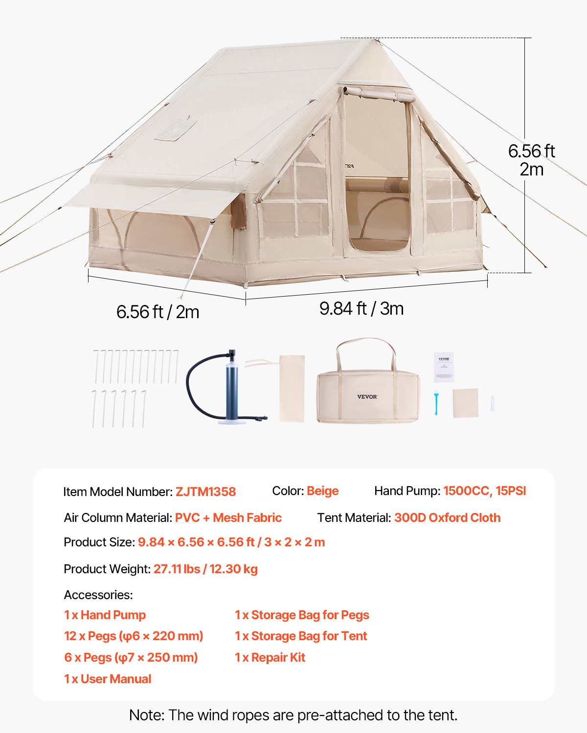 VEVOR Tende Gonfiabili per Campeggio, Tenda Gonfiabile per 3-5 Persone con Pompa a Mano, Tenda da Glamping 300D Oxford 4 Stagioni con Jack per Stufa, 2 Porte e 2 Finestre a Rete, Borsa Portaoggetti