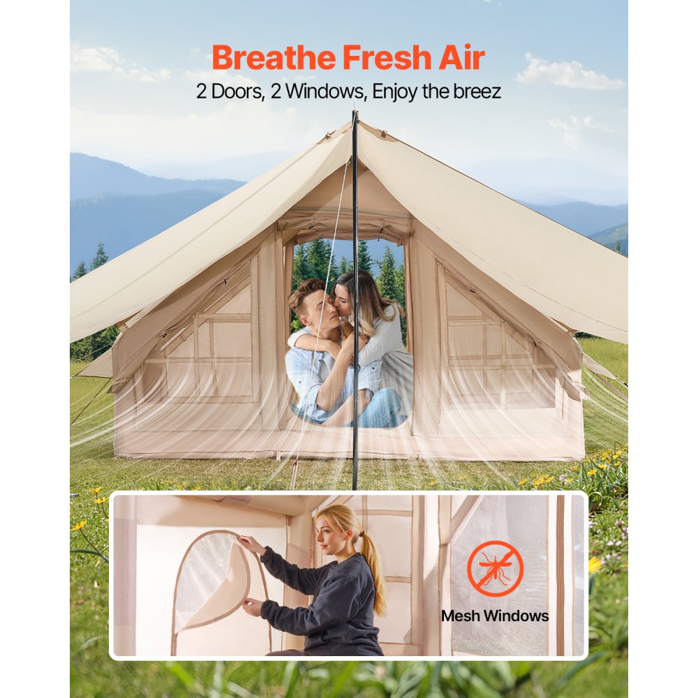 VEVOR Tende Gonfiabili per Campeggio, Tenda Gonfiabile 3-5 Persone con Pompa Mano, Tenda Glamping 300D Oxford 4 Stagioni, Baldacchino, Jack per Stufa, 2 Porte e 2 Finestre Rete, Borsa Portaoggetti