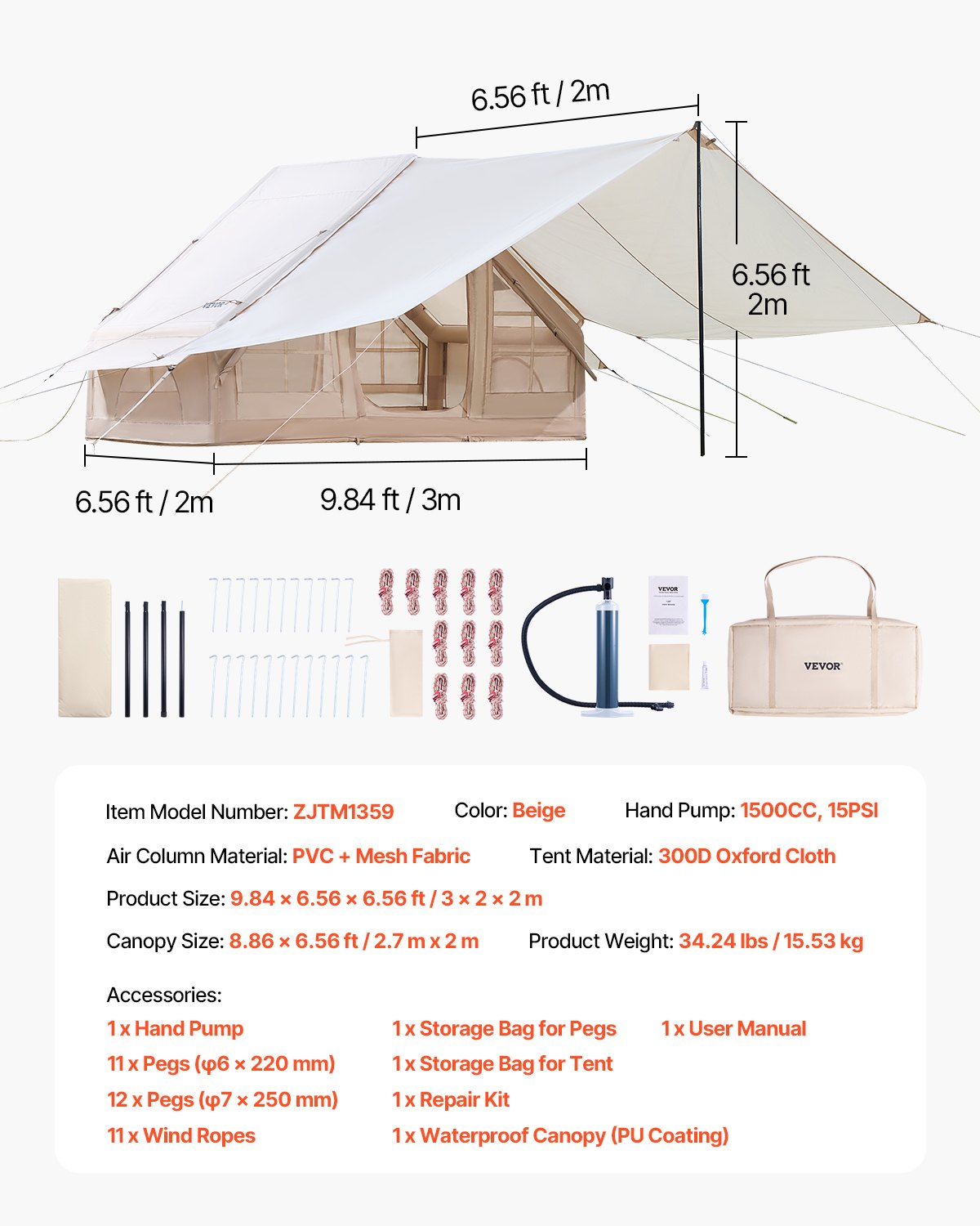 VEVOR Tende Gonfiabili per Campeggio, Tenda Gonfiabile 3-5 Persone con Pompa Mano, Tenda Glamping 300D Oxford 4 Stagioni, Baldacchino, Jack per Stufa, 2 Porte e 2 Finestre Rete, Borsa Portaoggetti