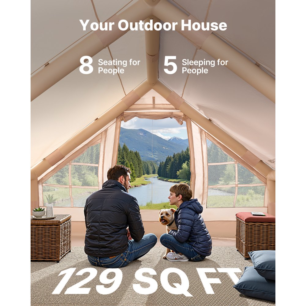 VEVOR Tende Gonfiabili per Campeggio, Tenda Gonfiabile per 5-8 Persone con Pompa a Mano, Tenda da Glamping 300D Oxford 4 Stagioni con Jack per Stufa, 2 Porte e 4 Finestre a Rete, Borsa Portaoggetti