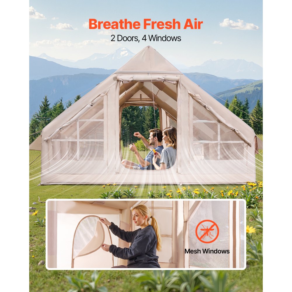 VEVOR Tende Gonfiabili per Campeggio, Tenda Gonfiabile per 5-8 Persone con Pompa a Mano, Tenda da Glamping 300D Oxford 4 Stagioni con Jack per Stufa, 2 Porte e 4 Finestre a Rete, Borsa Portaoggetti