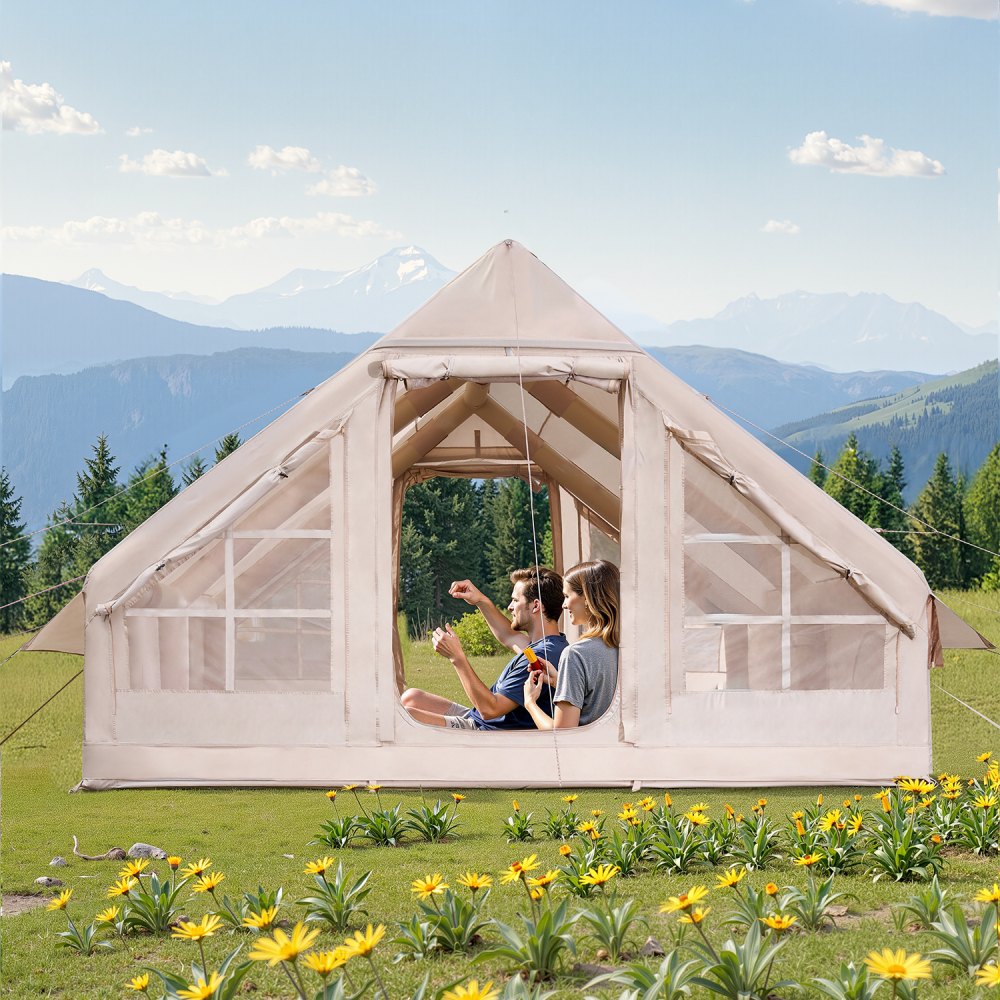 VEVOR Tende Gonfiabili per Campeggio, Tenda Gonfiabile per 5-8 Persone con Pompa a Mano, Tenda da Glamping 300D Oxford 4 Stagioni con Jack per Stufa, 2 Porte e 4 Finestre a Rete, Borsa Portaoggetti
