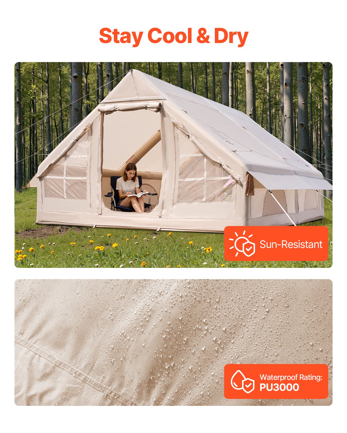 VEVOR Tende Gonfiabili per Campeggio, Tenda Gonfiabile per 5-8 Persone con Pompa a Mano, Tenda da Glamping 300D Oxford 4 Stagioni con Jack per Stufa, 2 Porte e 4 Finestre a Rete, Borsa Portaoggetti