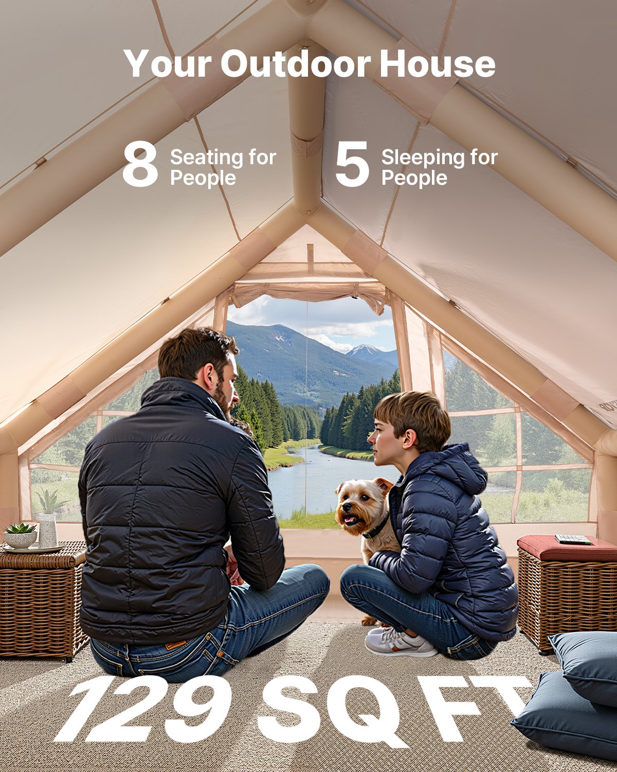 VEVOR Tende Gonfiabili per Campeggio, Tenda Gonfiabile per 5-8 Persone con Pompa a Mano, Tenda da Glamping 300D Oxford 4 Stagioni con Jack per Stufa, 2 Porte e 4 Finestre a Rete, Borsa Portaoggetti