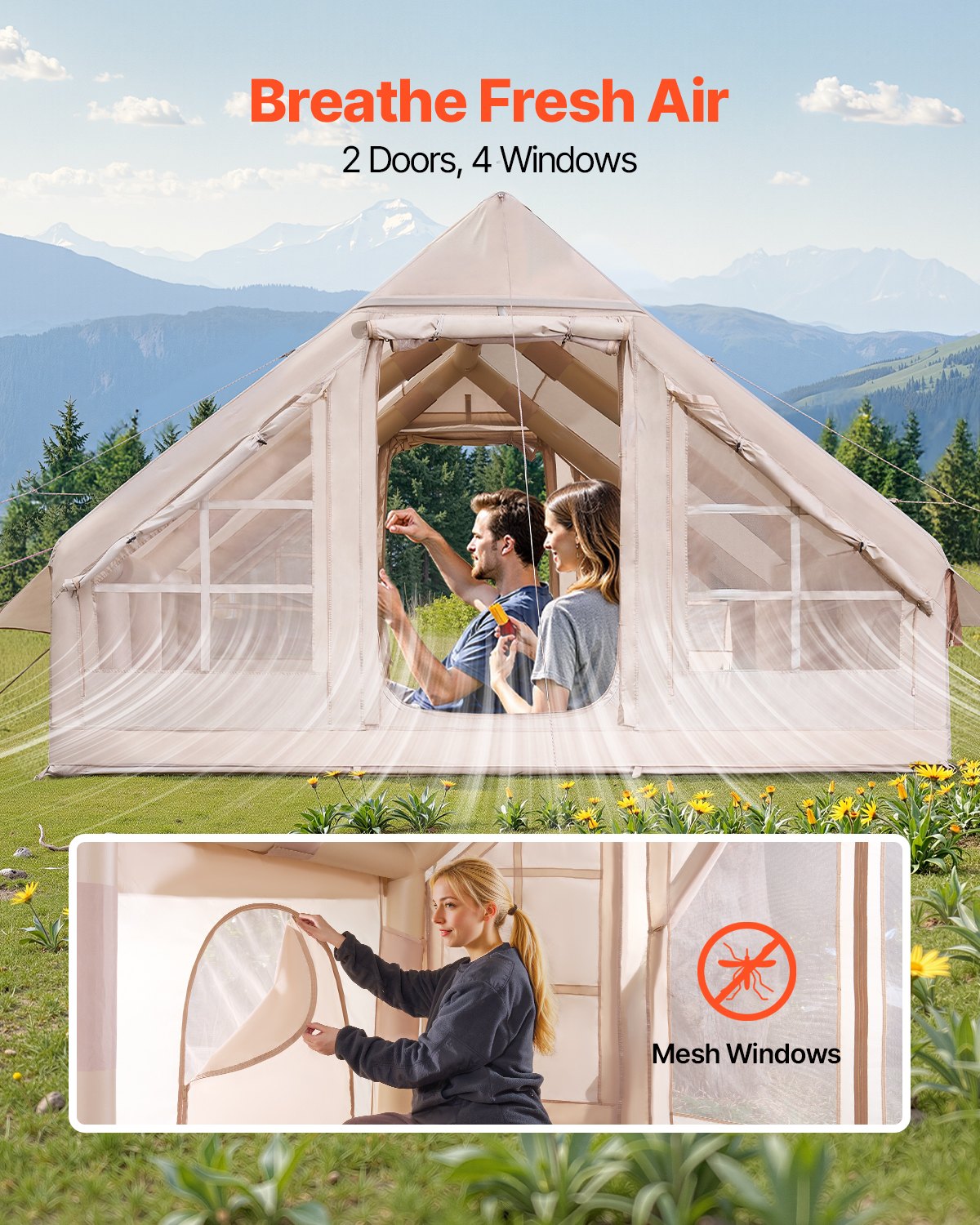 VEVOR Tende Gonfiabili per Campeggio, Tenda Gonfiabile per 5-8 Persone con Pompa a Mano, Tenda da Glamping 300D Oxford 4 Stagioni con Jack per Stufa, 2 Porte e 4 Finestre a Rete, Borsa Portaoggetti