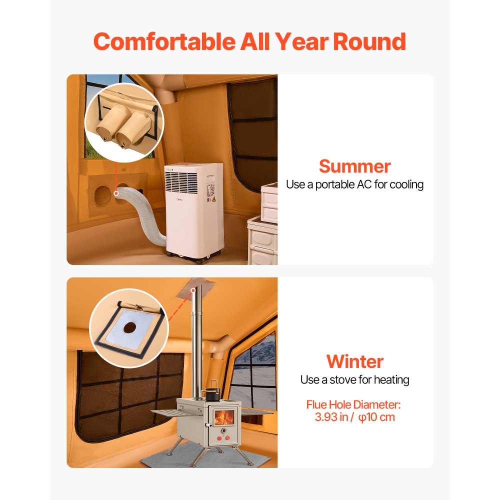 VEVOR Tende Gonfiabili per Campeggio, Tenda Gonfiabile per 8-12 Persone, Tenda Glamping per 4 Stagioni con Pompa, 2 Lucernari, Baldacchino, Presa Stufa, 2 Porte e Finestre a Rete Borsa Portaoggetti