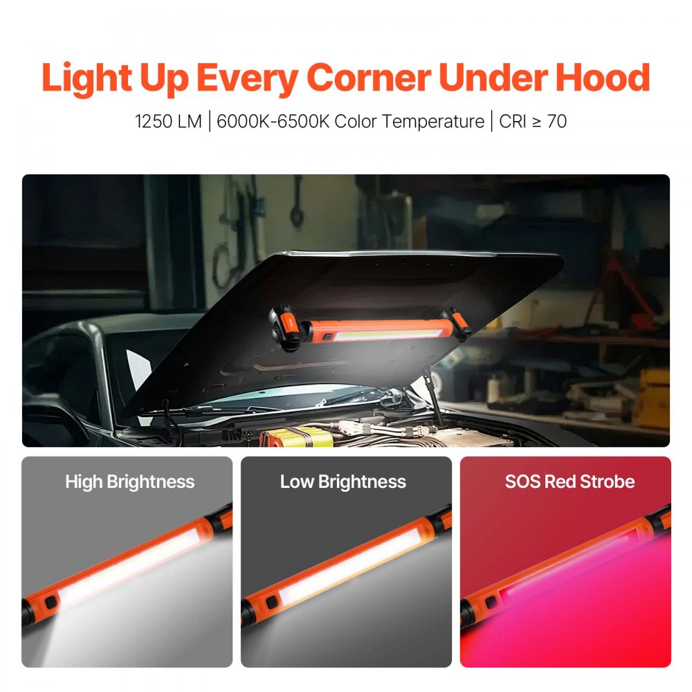 VEVOR Workshop Lamp 1250 lm, Work Light 6000 mAh, Rechargeable Magnetic Bright LED Light, Work Lamp for Mechanics, for Car Repair, Inspection, Garage, Workshop, Emergency Lighting