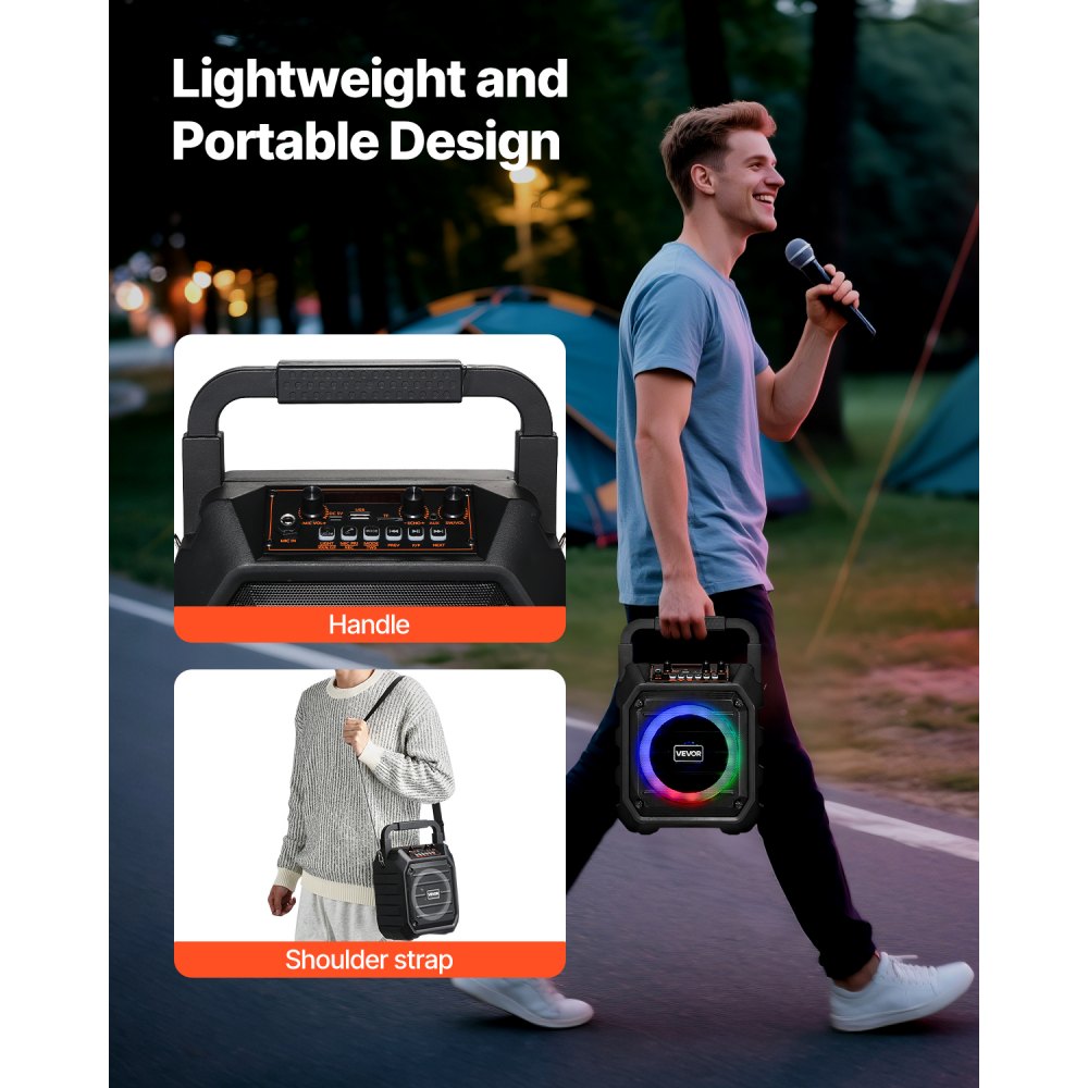 VEVOR Karaoke Macchina per Adulti, 20 W, Altoparlante Bluetooth Portatile da 165 mm con 2 Microfoni Wireless, Luce LED, TWS, Maniglia, Supporta Scheda Micro TF, USB, AUX, per Feste a Casa