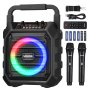 VEVOR Karaoke Macchina per Adulti, 20 W, Altoparlante Bluetooth Portatile da 165 mm con 2 Microfoni Wireless, Luce LED, TWS, Maniglia, Supporta Scheda Micro TF, USB, AUX, per Feste a Casa