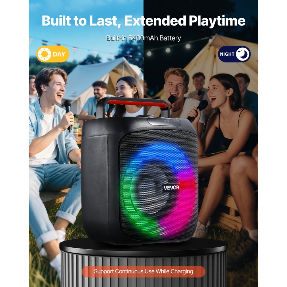 VEVOR Karaoke Macchina per Adulti, 30 W, Altoparlante Bluetooth Portatile da 165 mm con 2 Microfoni Wireless, Luce LED, TWS, Maniglia, Supporta Scheda Micro TF, USB, AUX, per Feste a Casa