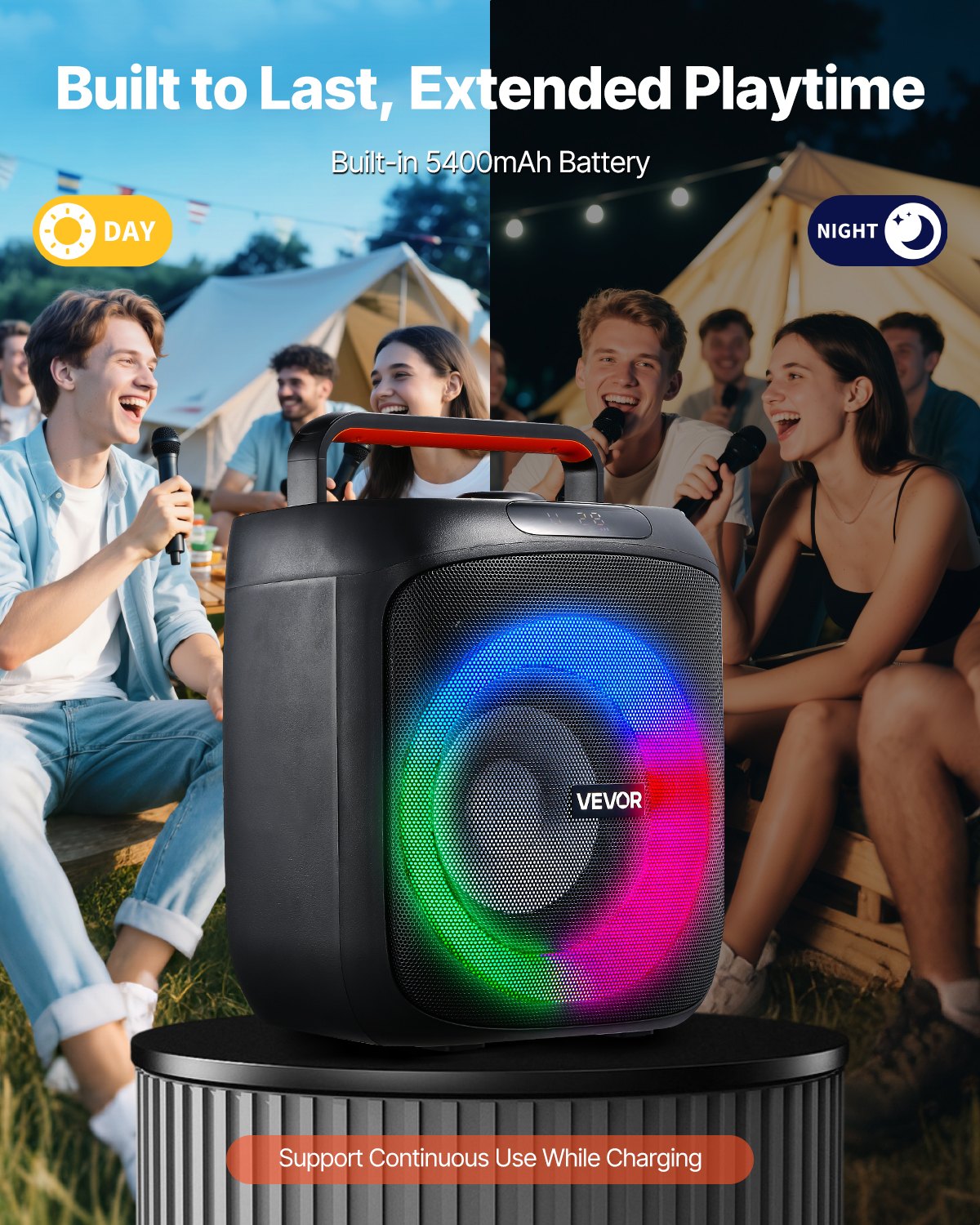 VEVOR Karaoke Macchina per Adulti, 30 W, Altoparlante Bluetooth Portatile da 165 mm con 2 Microfoni Wireless, Luce LED, TWS, Maniglia, Supporta Scheda Micro TF, USB, AUX, per Feste a Casa