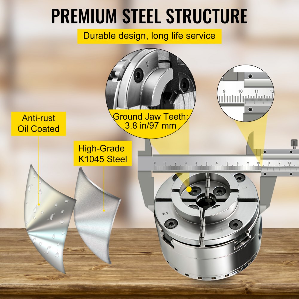 VEVOR Mandrino 4 Griffe per Tornio 100mm/4pollici Mandrino Autocentrante per Tornio Legno Set di Accessori Mandrino