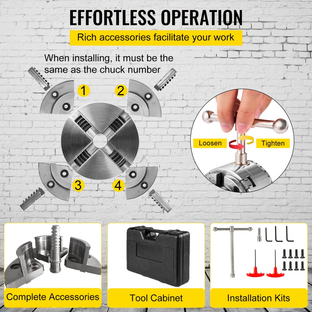 VEVOR Mandrino 4 Griffe per Tornio 100mm/4pollici Mandrino Autocentrante per Tornio Legno Set di Accessori Mandrino