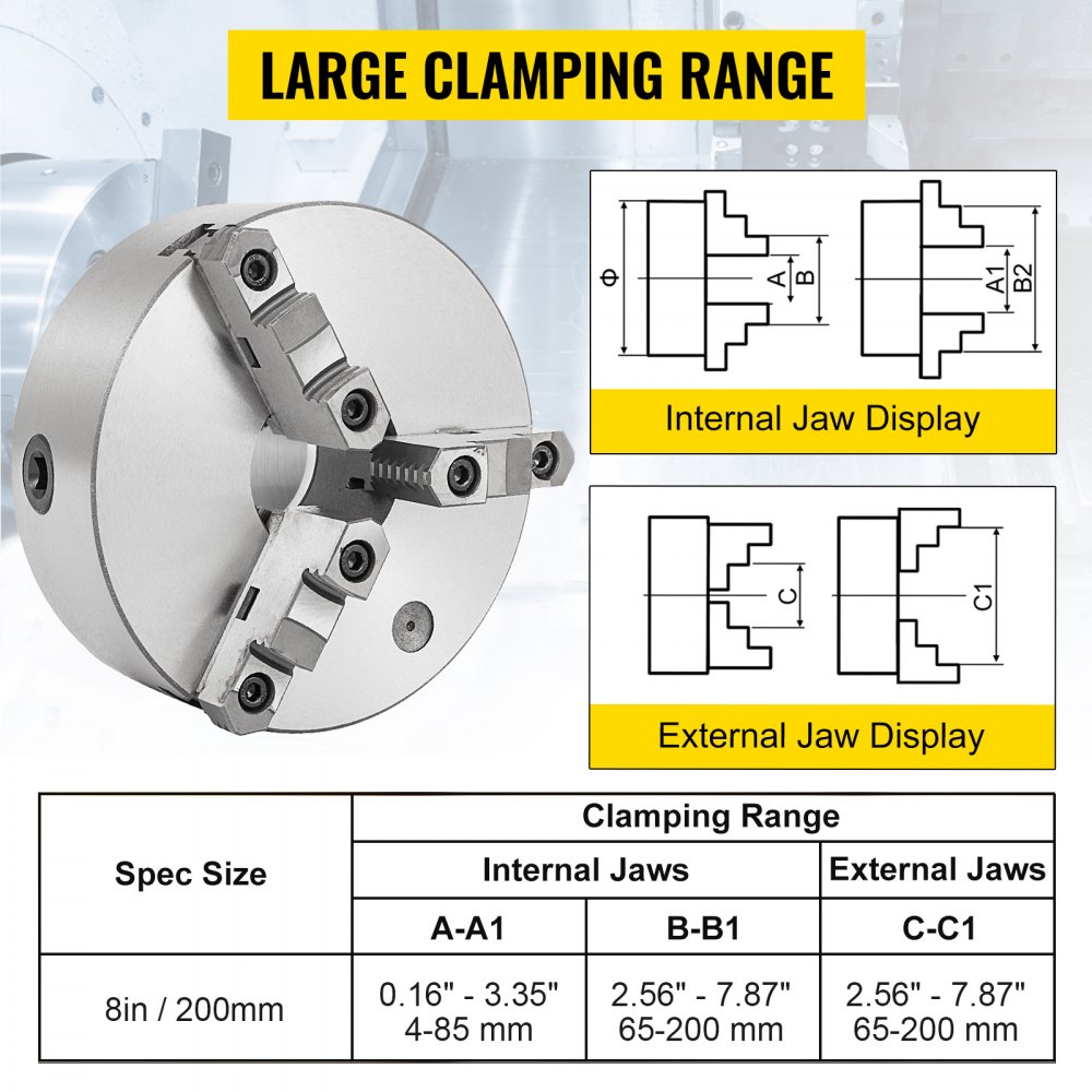 VEVOR Mandrino per tornio K11-200 a 3 griffe, mandrino autocentrante con griffe in acciaio temprato, rettifica interna ed esterna per tornio, trapano e fresatrice