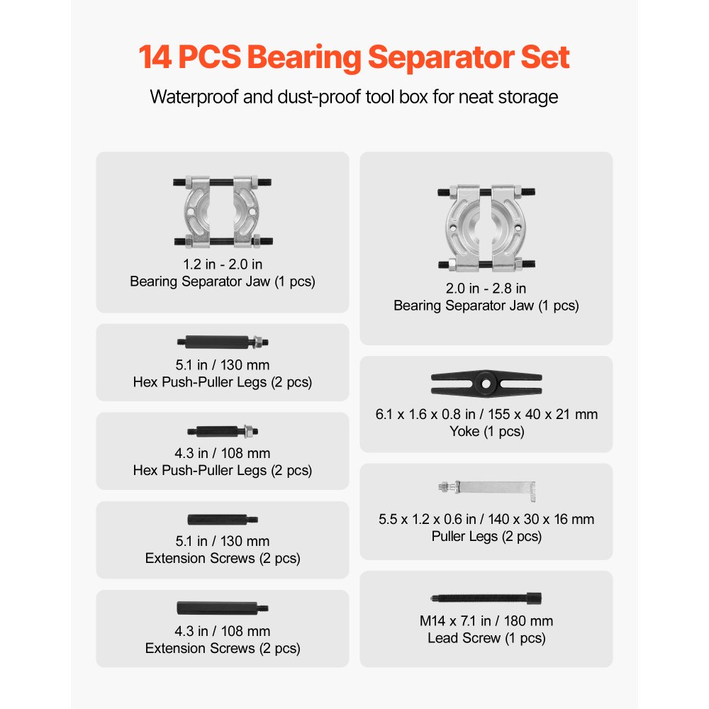 VEVOR Kit di Estrazione Cuscinetti Separatore 14 pezzi Capacità 5 Tonnellate, Kit di Rimozione Cuscinetti a Pignone con Ganasce Set di Estrattori Utensili per Divisione, Kit Utensili per Autoveicoli
