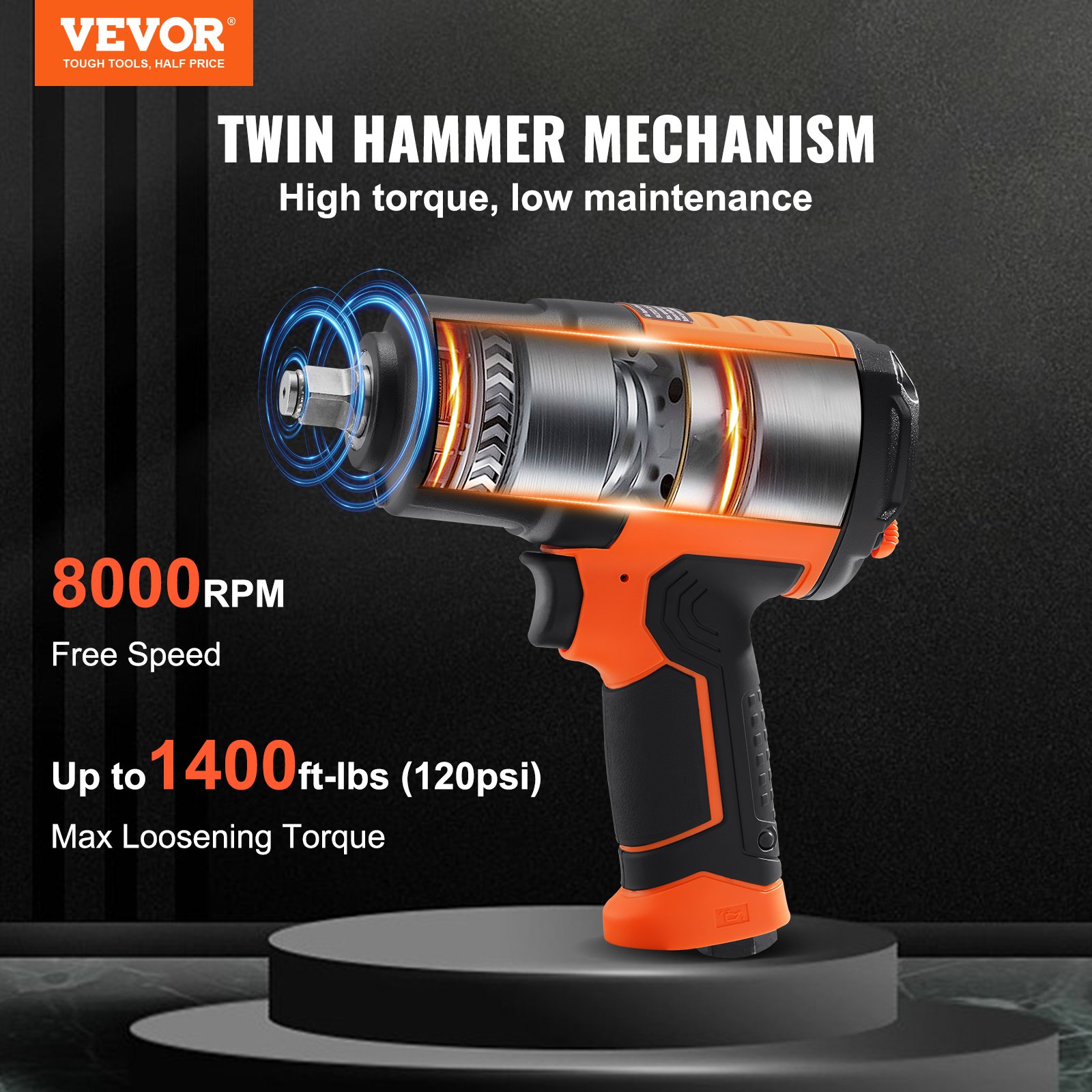 VEVOR Avvitatore Pneumatico a Percussione Quadrato 1,27cm 1898 Nm, Avvitatore Pneumatico a Impulsi Pressione tra 6,2-8,3bar Velocità Max. 8000giri/min per Riparazioni Auto Veicoli da Officina Garage