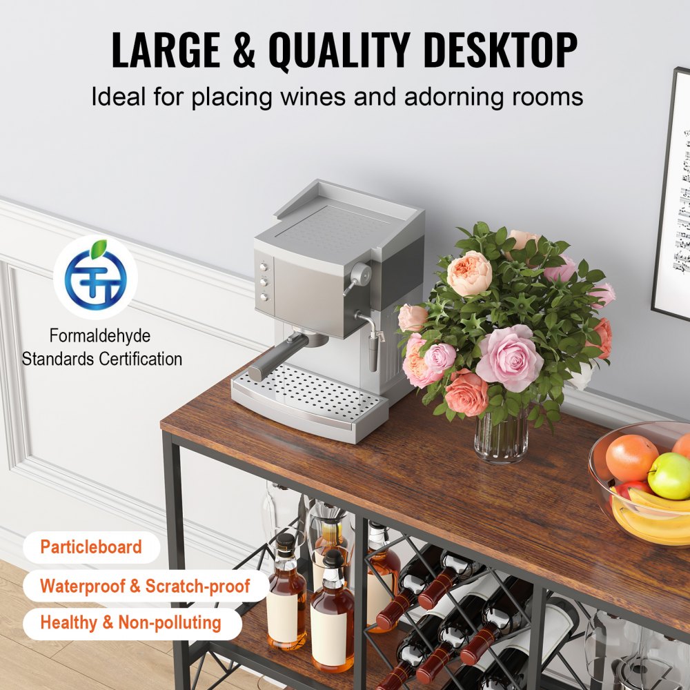 VEVOR Industrial Bar Cabinet, 1m Wine Table for Spirits and Glasses, Sideboard Buffet Cabinet with Glass Holder & Wine Rack, Freestanding Farmhouse Wood Bar Cabinet for Living Room Home Bar