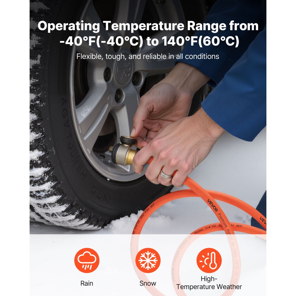 VEVOR Tubo Flessibile dell'Aria, Tubo Ibrido per Aria Compressa Diametro 6,35 mm Lunghezza 7620 cm Tubi Pneumatici 300 PSI Tre Strati per Auto, Casa, Edilizia, Colore Arancione