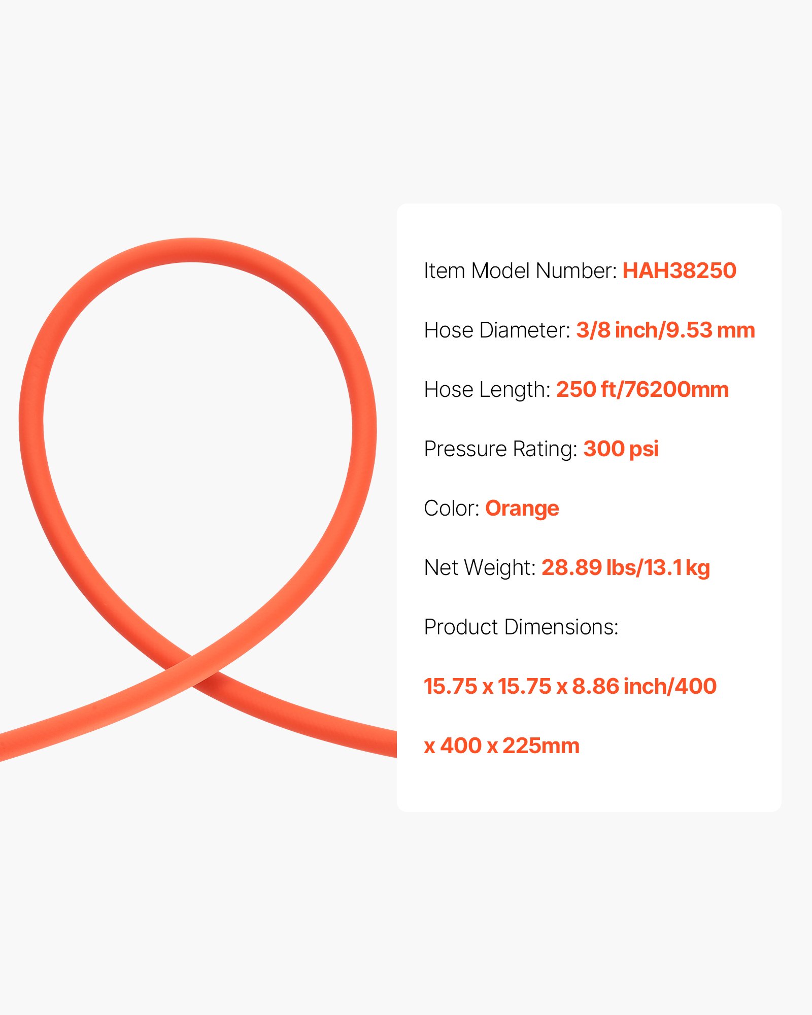 VEVOR Air Hose, 9.53 x 76200mm Hybrid Air Hose, Lightweight, Kink Resistant, Pneumatic Hoses with Three-Layer Hybrid Material for Auto, Home & Building, 300 PSI, All-Weather Flexibility, Orange