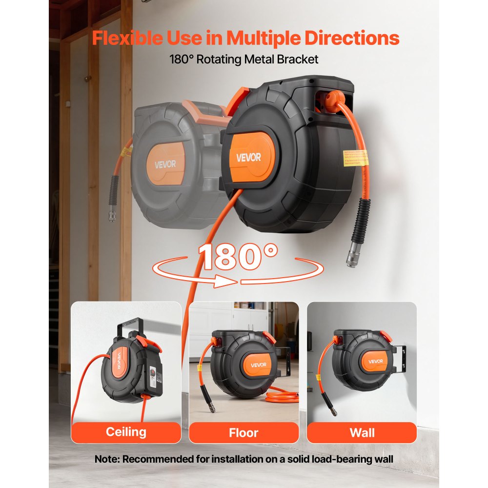 VEVOR Avvolgitubo per Tubi ad Aria Compressa Tubo Flessibile in PVC da 15 m x 9,5 mm, Massimo 300 PSI, con Riavvolgimento Automatico e Cavo da 1 m, Montaggio a Parete Girevole per Garage