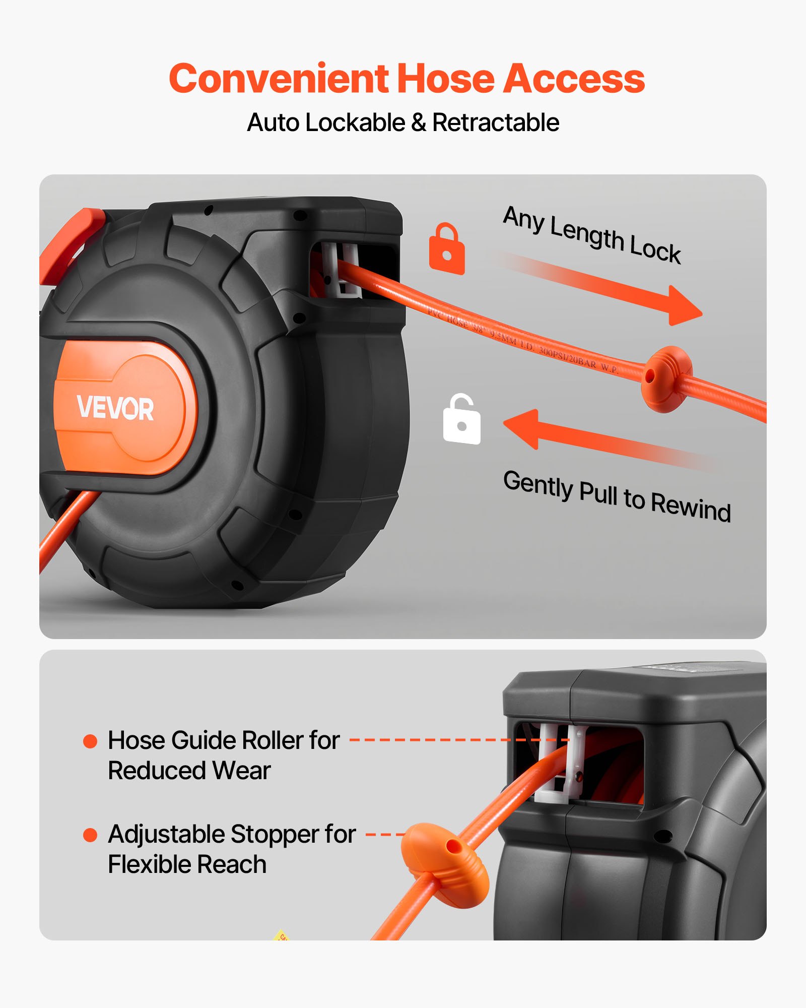 VEVOR Avvolgitubo per Tubi ad Aria Compressa Tubo Flessibile in PVC da 15 m x 9,5 mm, Massimo 300 PSI, con Riavvolgimento Automatico e Cavo da 1 m, Montaggio a Parete Girevole per Garage