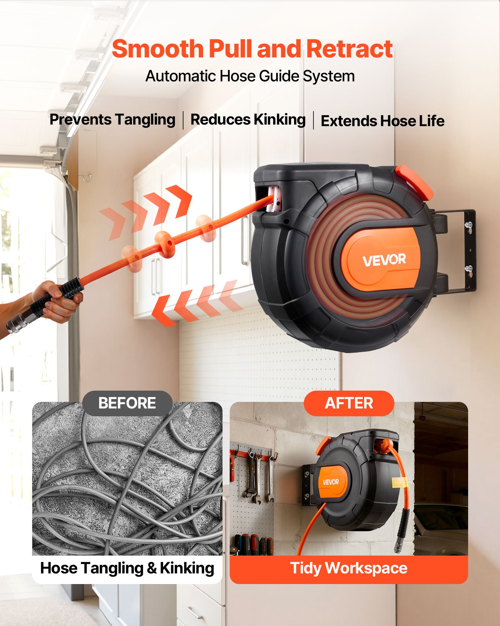 VEVOR Avvolgitubo per Tubi ad Aria Compressa Tubo Flessibile in PVC da 15 m x 9,5 mm, Massimo 300 PSI, con Riavvolgimento Automatico e Cavo da 1 m, Montaggio a Parete Girevole per Garage