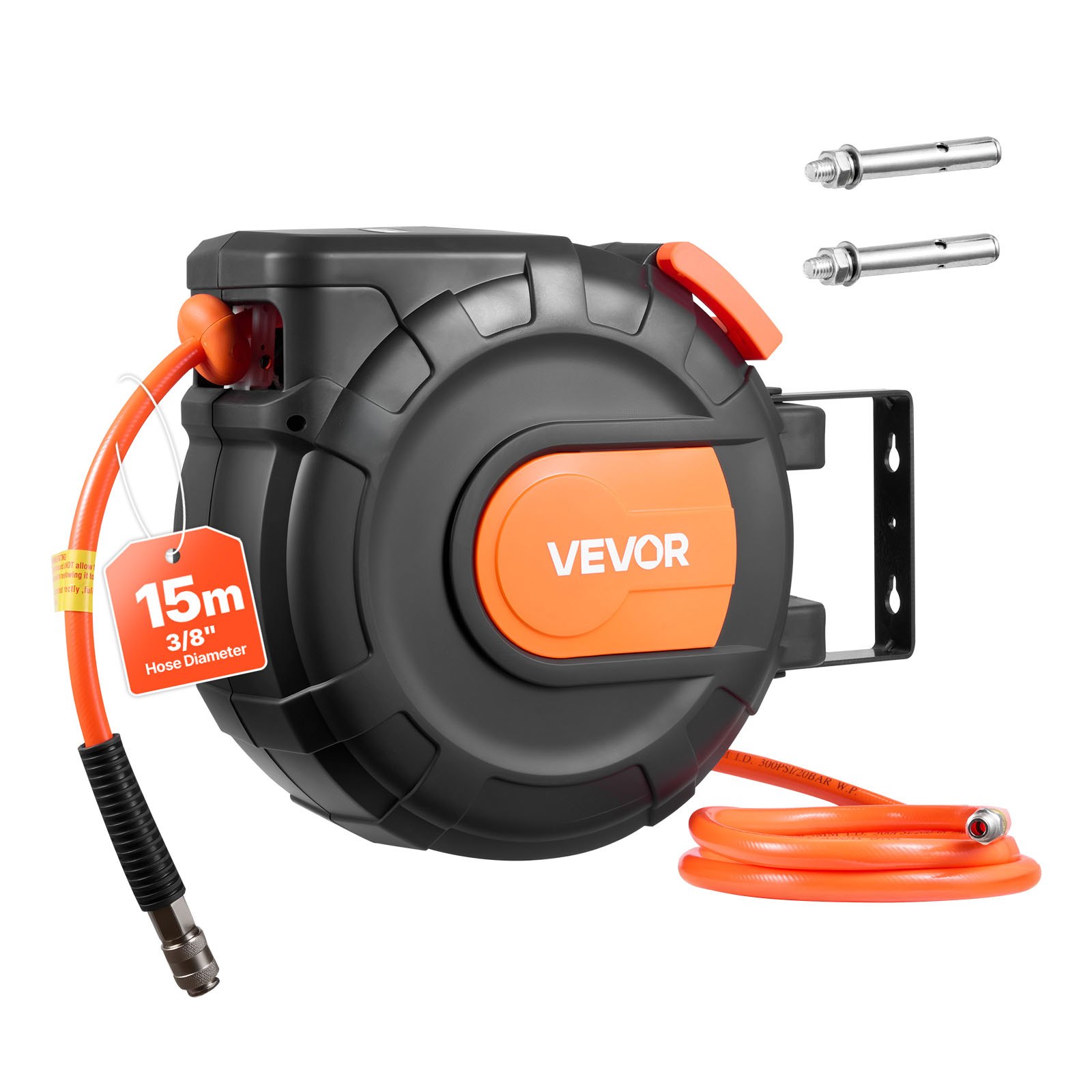 VEVOR Avvolgitubo per Tubi ad Aria Compressa Tubo Flessibile in PVC da 15 m x 9,5 mm, Massimo 300 PSI, con Riavvolgimento Automatico e Cavo da 1 m, Montaggio a Parete Girevole per Garage