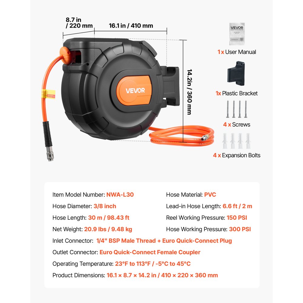 VEVOR Avvolgitubo per Aria Compressa Retrattile, Tubo Flessibile in PVC da 30 m x 9,5 mm, Massimo 300 PSI, con Riavvolgimento Automatico e Cavo da 2 m, Montaggio a Parete Girevole per Garage