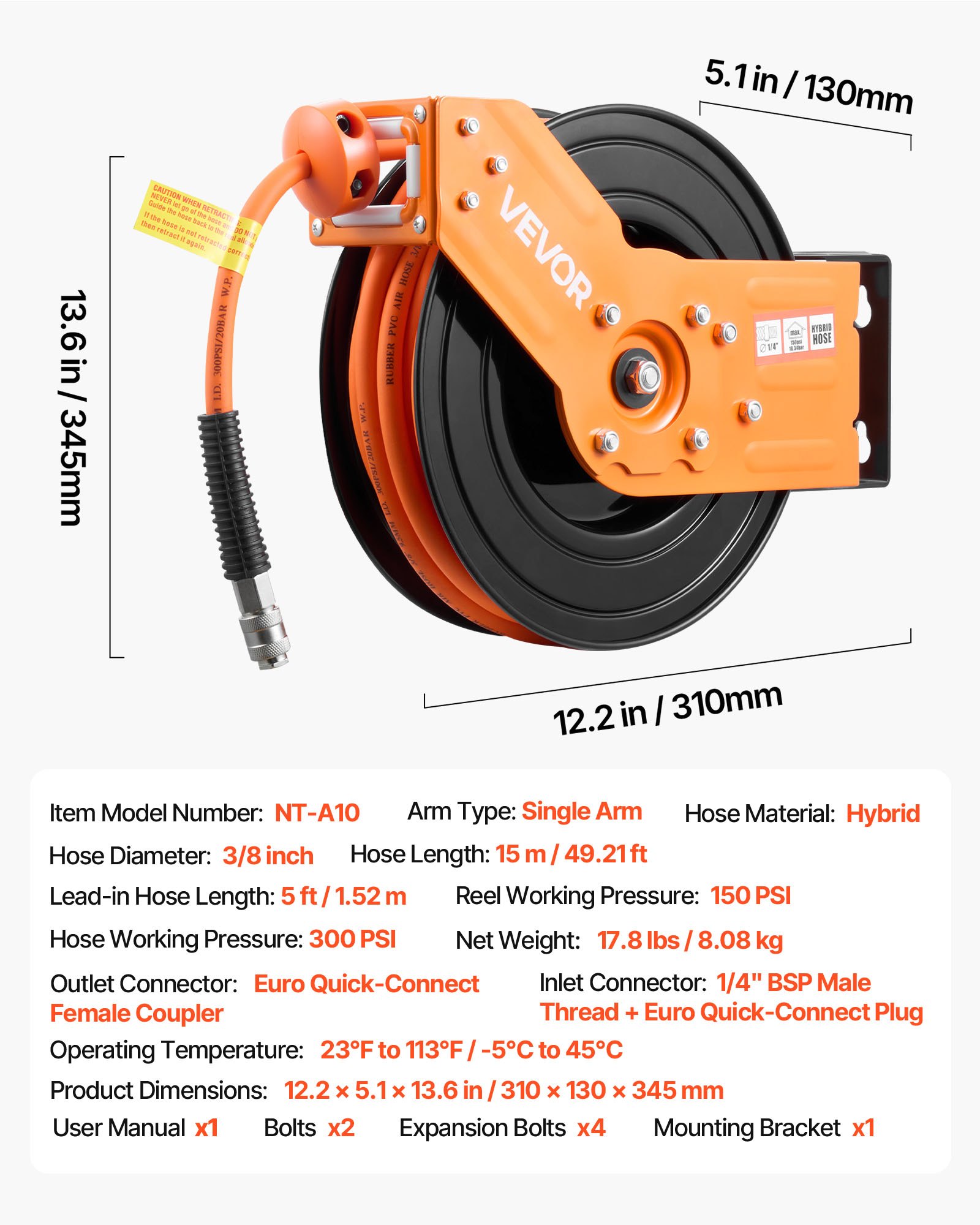 VEVOR Avvolgitubo per Aria Compressa da Parete 15 m x 9,5 mm, Avvolgitubo per Compressore d'Aria, Pressione max. 20,7 bar con Tubo di Ingresso da 1,52 m, Montaggio a Parete/Soffitto, Braccio Singolo