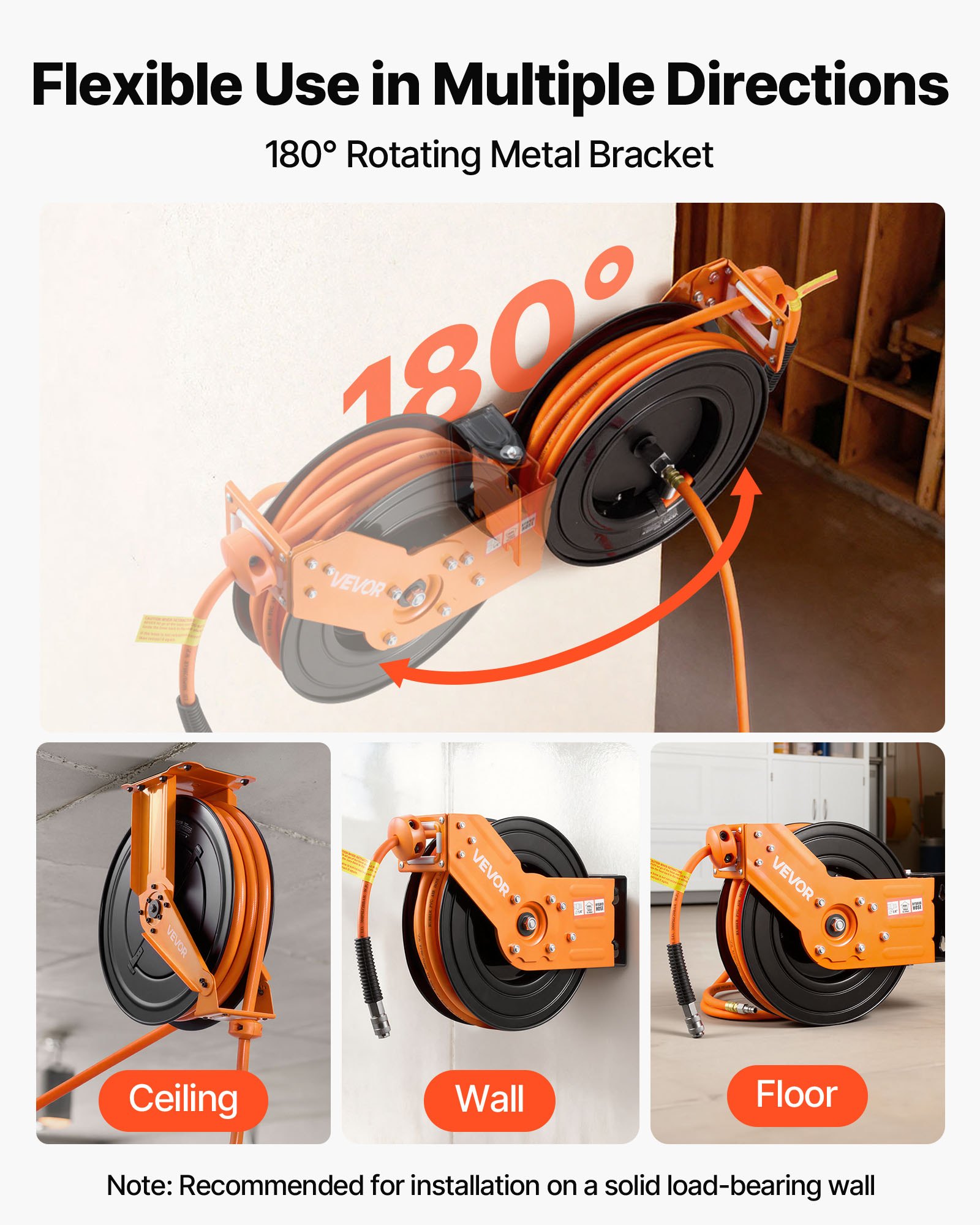 VEVOR Retractable Air Hose Reel, 15m x 9.5mm Hybrid Air Hose Max 300PSI, Auto Rewind Air-Compressor Hoses Reel with 1m Lead in, 180° Swivel Ceiling/Wall Mount for Garage Workshops