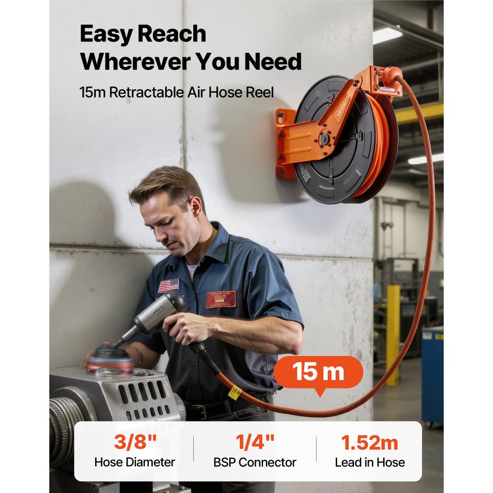VEVOR Bobina Pneumatica per Tubo Aria Compressa Tubo Flessibile per Aria Compressa Ibrido da 15 m x 9,5 mm, Massimo 300 PSI, con Riavvolgimento Automatico e Cavo da 1,52 m, Braccio Doppio in Acciaio