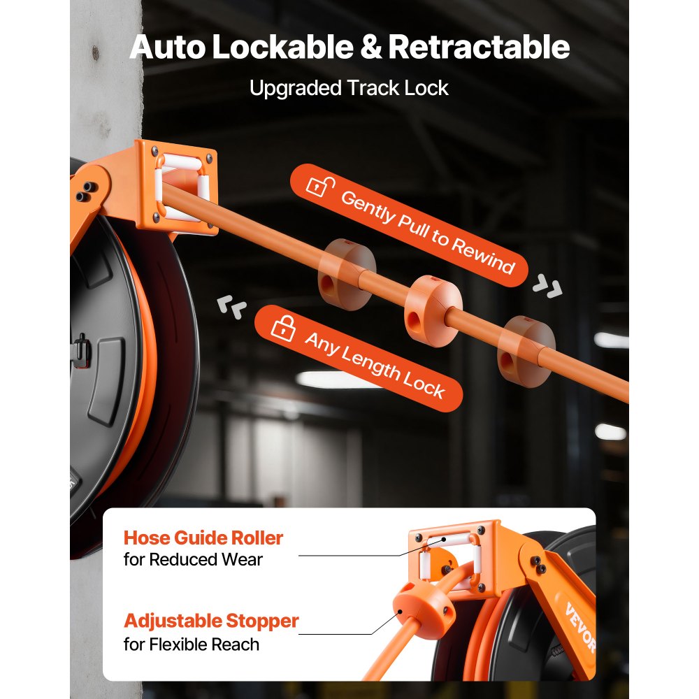 VEVOR Bobina Pneumatica per Tubo Aria Compressa Tubo Flessibile per Aria Compressa Ibrido da 15 m x 9,5 mm, Massimo 300 PSI, con Riavvolgimento Automatico e Cavo da 1,52 m, Braccio Doppio in Acciaio