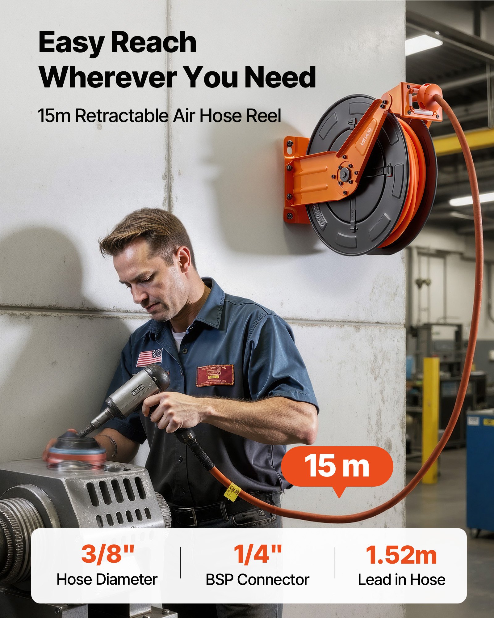 VEVOR Bobina Pneumatica per Tubo Aria Compressa Tubo Flessibile per Aria Compressa Ibrido da 15 m x 9,5 mm, Massimo 300 PSI, con Riavvolgimento Automatico e Cavo da 1,52 m, Braccio Doppio in Acciaio