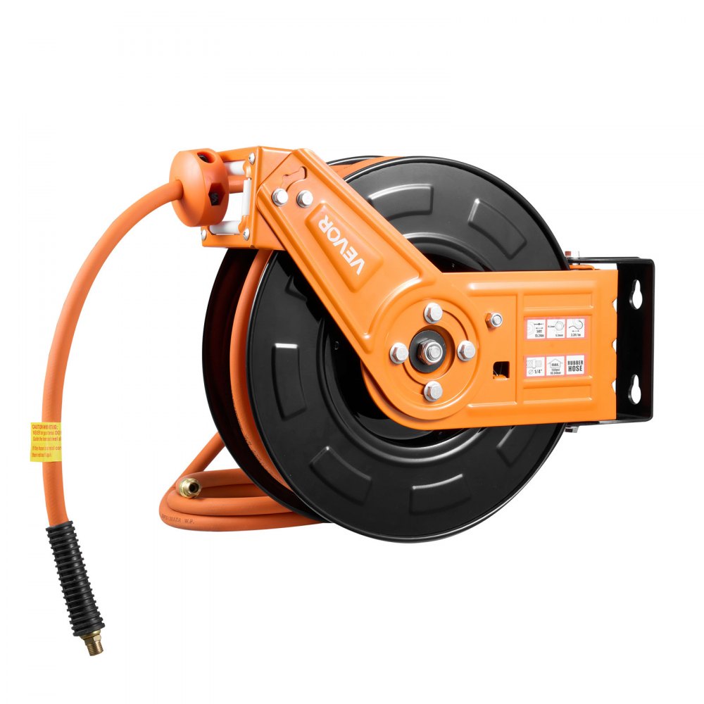 VEVOR Avvolgitubo per Aria Compressa Retrattile, Tubo Flessibile in Gomma da 15 m x 9,5 mm, Massimo 300 PSI, con Riavvolgimento Automatico e Cavo da 1 m, Montaggio a Parete Girevole per Garage