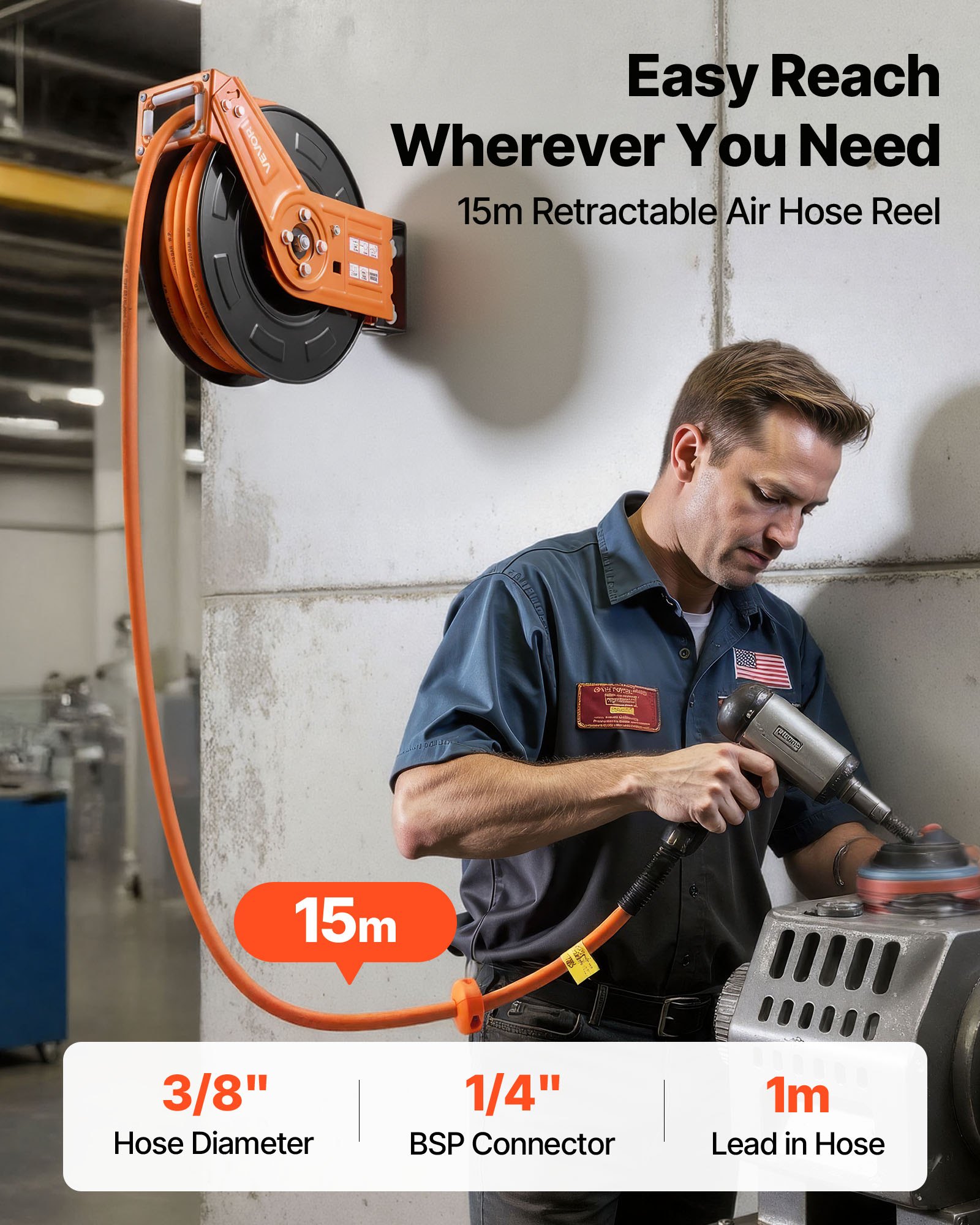 VEVOR Avvolgitubo per Aria Compressa Retrattile, Tubo Flessibile in Gomma da 15 m x 9,5 mm, Massimo 300 PSI, con Riavvolgimento Automatico e Cavo da 1 m, Montaggio a Parete Girevole per Garage