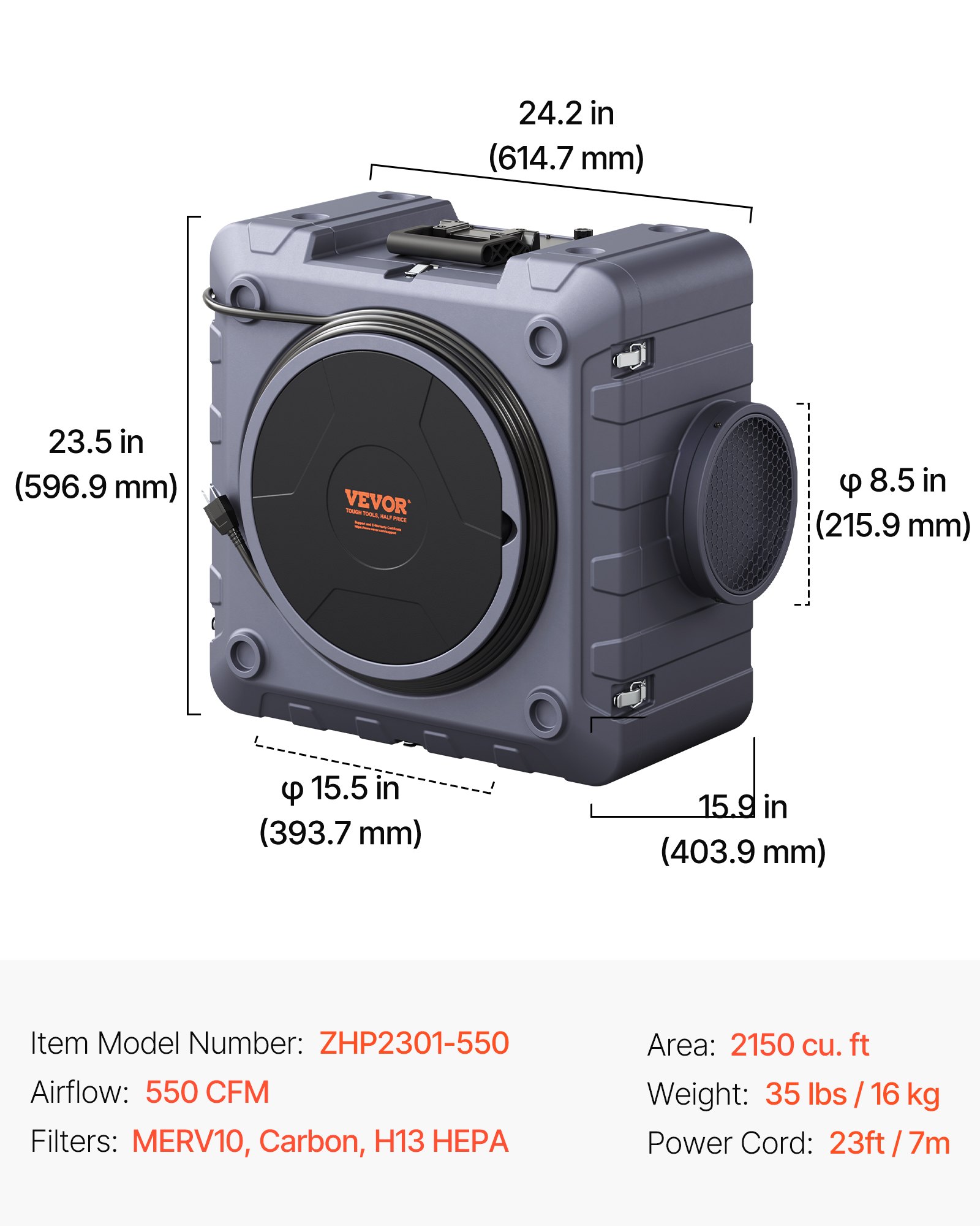 VEVOR air purifier with 3-stage stackable negative air machine 550 CFM